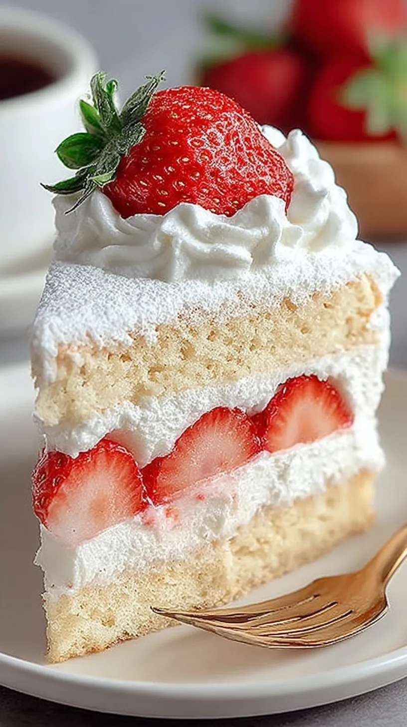 A beautiful Japanese Strawberry Shortcake layered with whipped cream and fresh strawberries on a white cake stand.