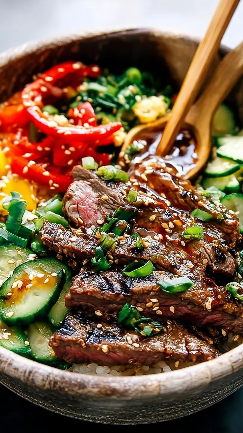 A colorful Korean BBQ steak bowl with seared meat, carrots, cucumber, and kimchi over rice.