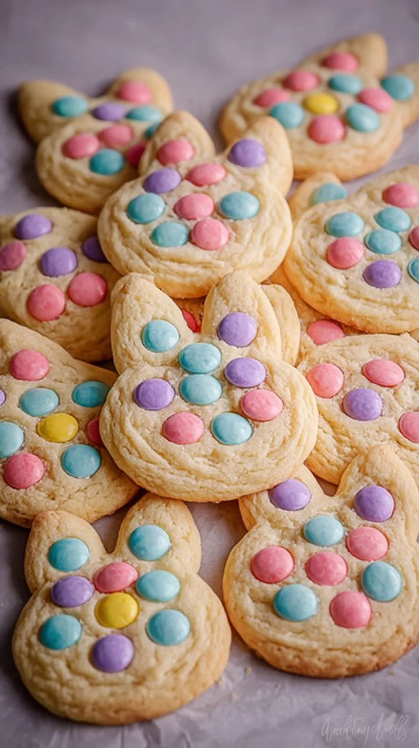 A pile of soft sugar cookies with pastel pink, blue, and yellow M&Ms and white chocolate chips on a white plate.