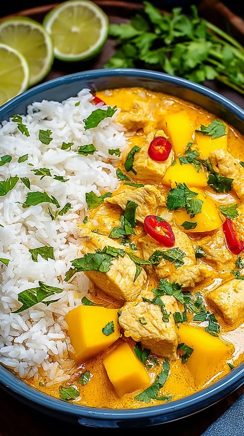 A golden bowl of mango coconut chicken curry topped with fresh cilantro and diced mango served over white rice.