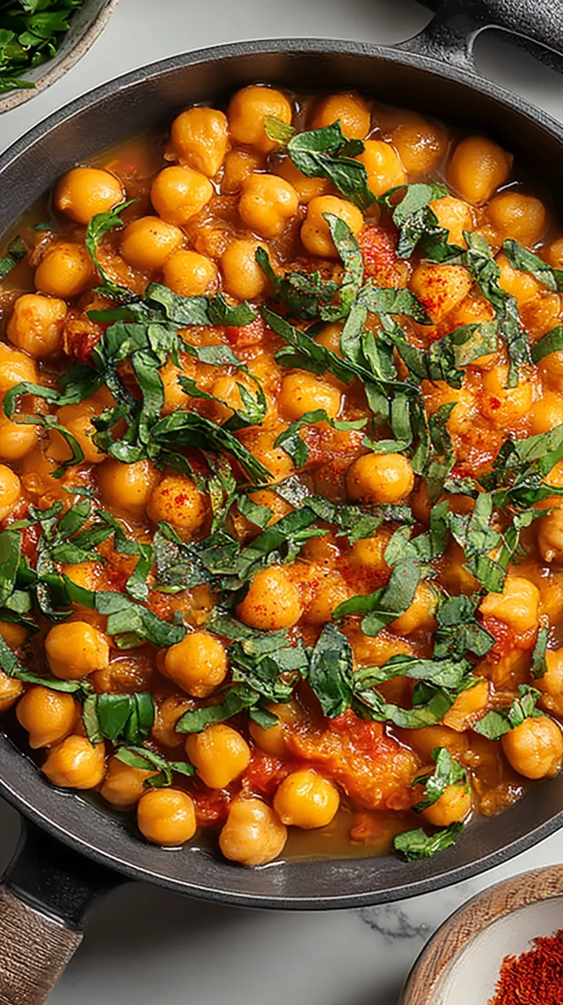 A large skillet filled with creamy Marry Me Chickpeas with sun-dried tomatoes and spinach