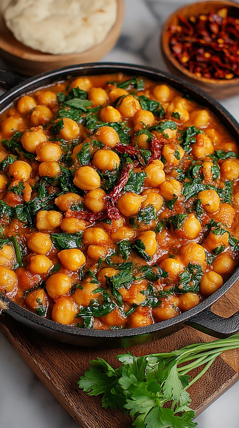 A skillet of creamy chickpeas with sun-dried tomatoes, spinach, and fresh basil garnish.