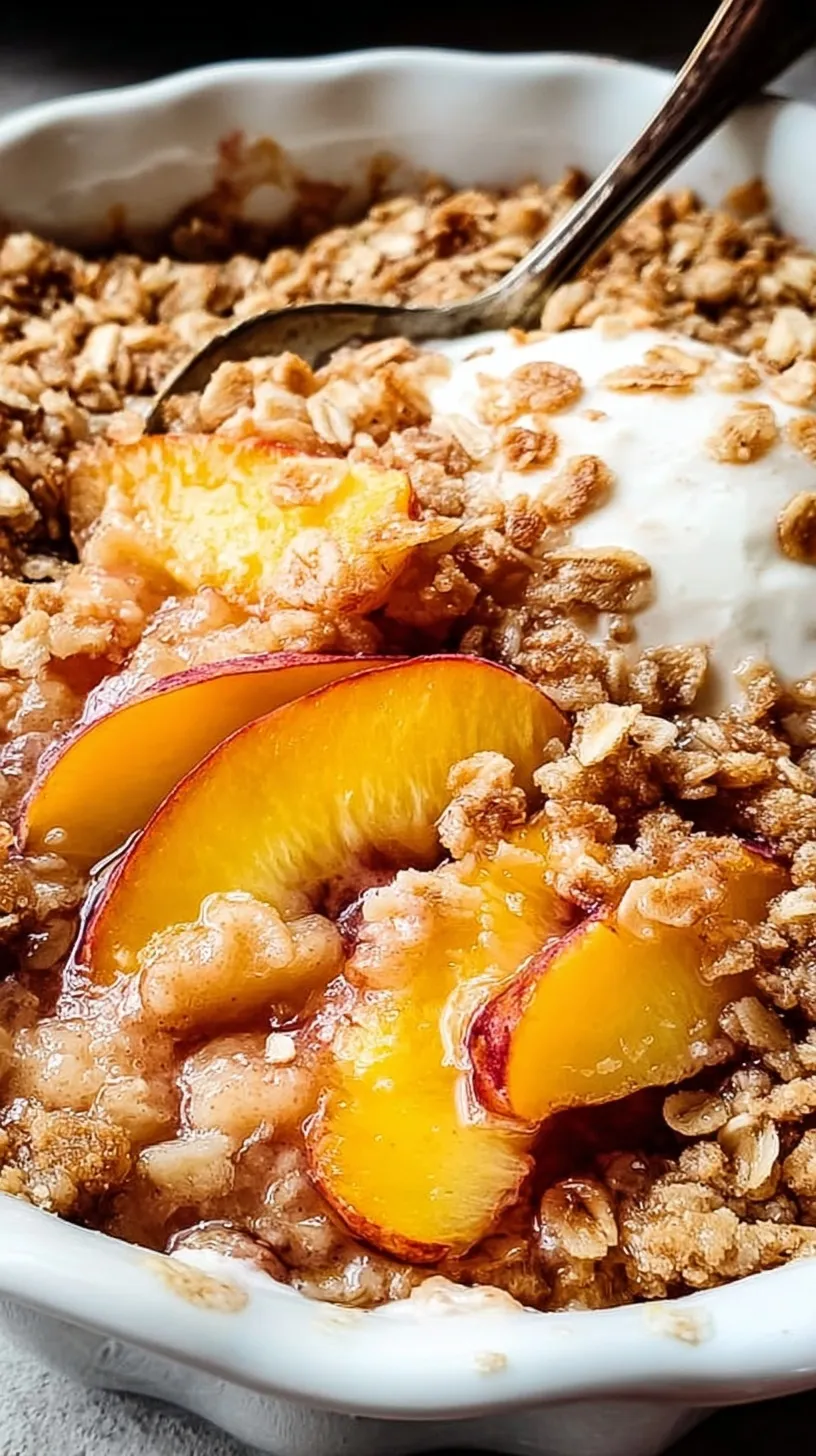 Freshly baked peach crisp with golden oat topping in a square dish