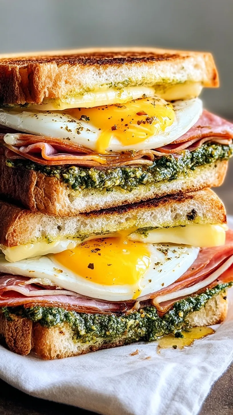 A golden toasted sourdough sandwich with crispy mortadella and eggs fried in green pesto