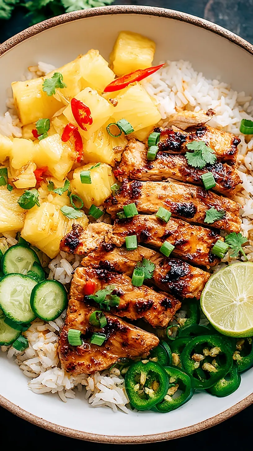 A bowl of glazed pineapple chicken and rice garnished with green onions and sesame seeds