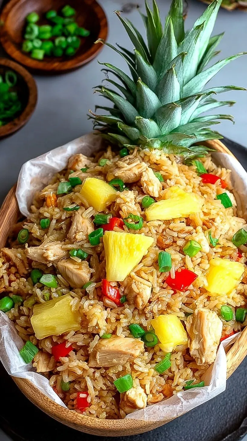 A colorful bowl of Pineapple Chicken Fried Rice with cashews and green onions on top.