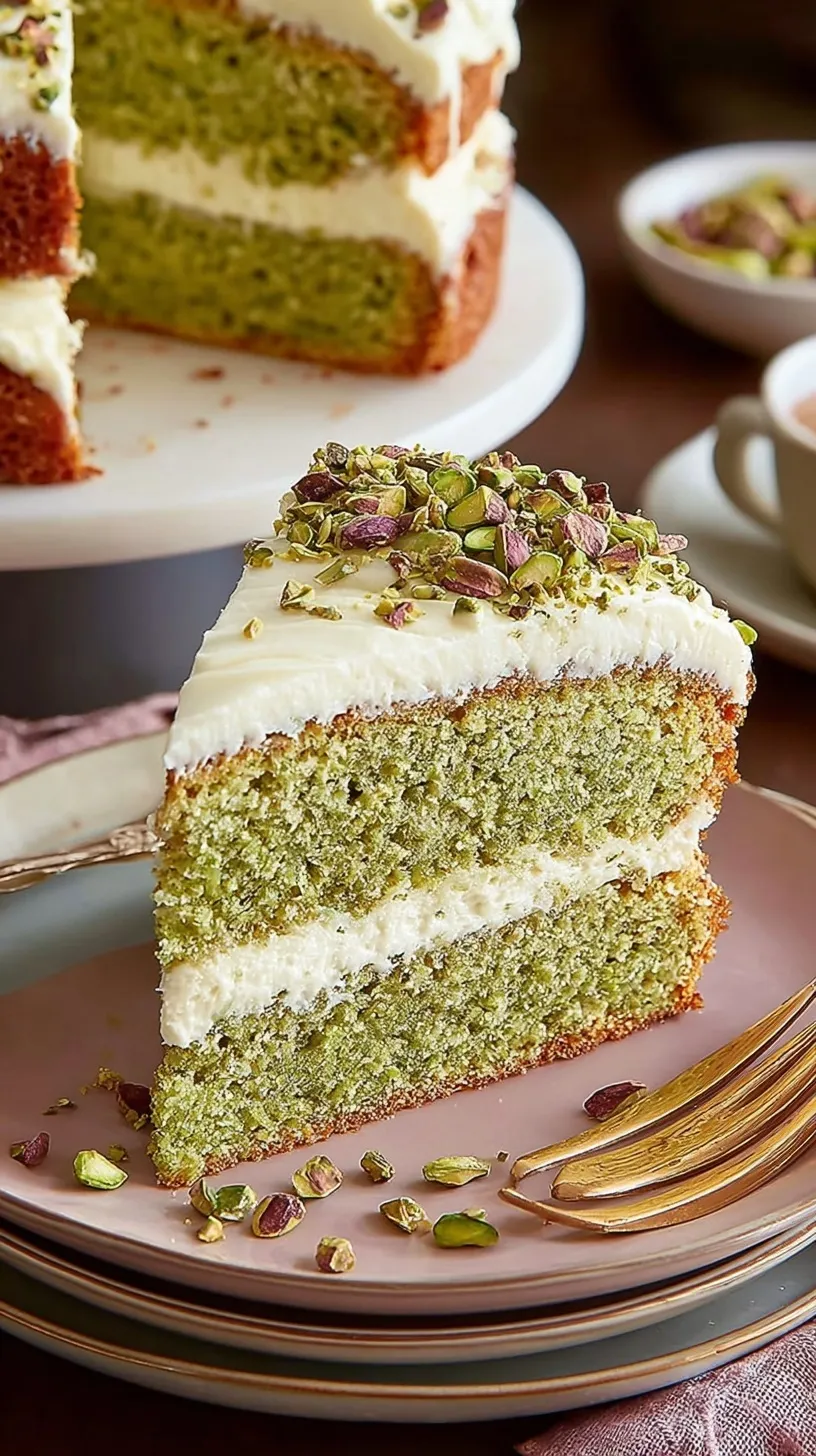 A beautiful two-layer pistachio cake with light green cream cheese frosting on a white cake stand