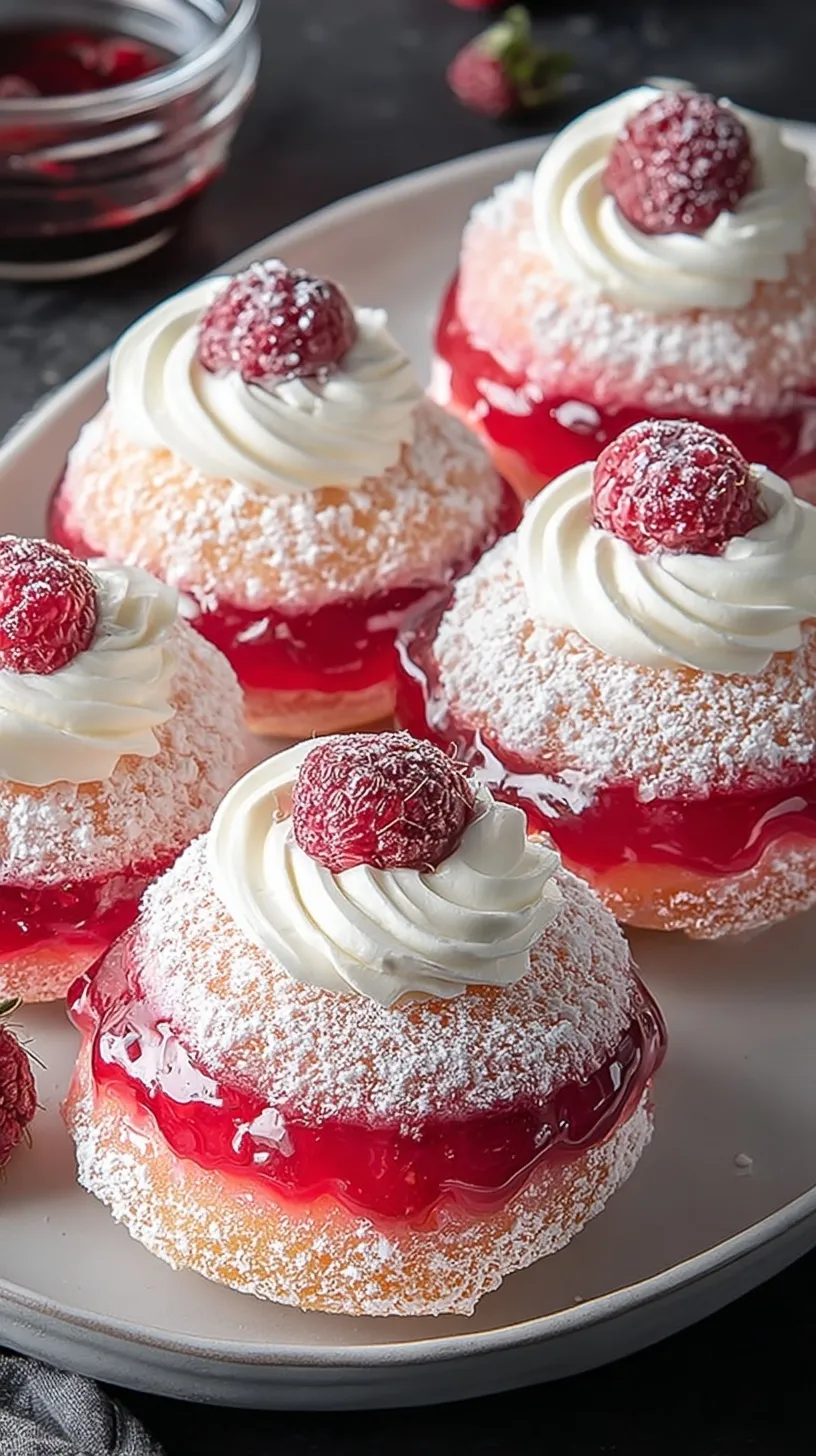 Small round raspberry jelly cakes coated in white coconut with a cream filling inside.