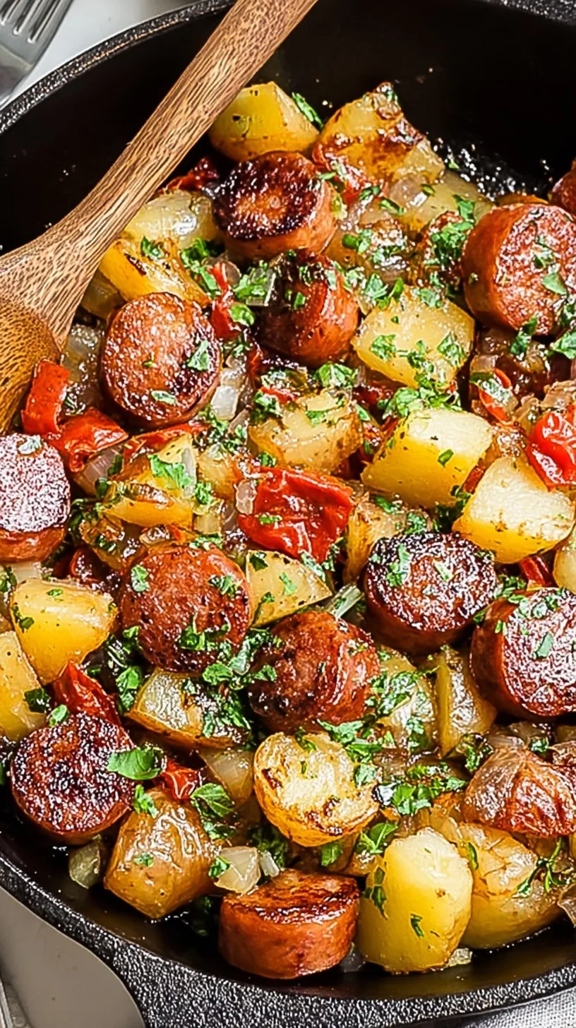 A sheet pan filled with golden roasted Yukon Gold potatoes, sliced smoked sausage, and colorful red bell peppers garnished with fresh parsley.