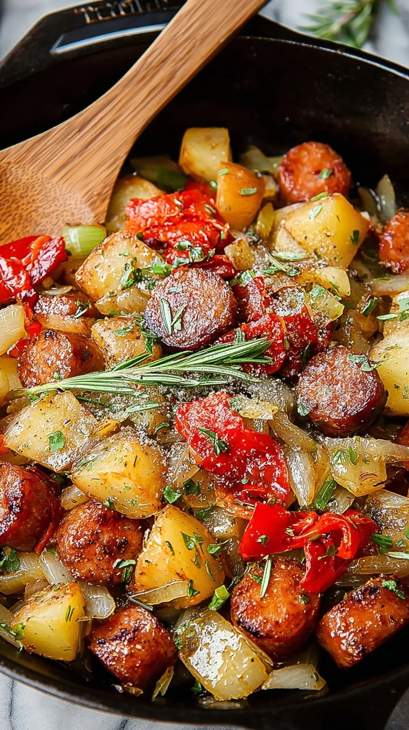 A golden sheet pan filled with roasted Italian sausage rounds, cubed Yukon Gold potatoes, red peppers, and onions.