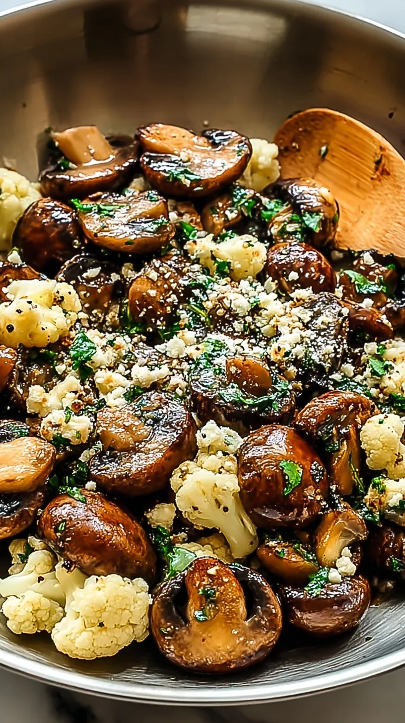 A skillet of golden sautéed mushrooms mixed with tender cauliflower crumbles and fresh herbs.