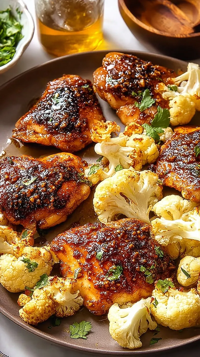 Golden honey garlic chicken pieces and roasted cauliflower on a sheet pan