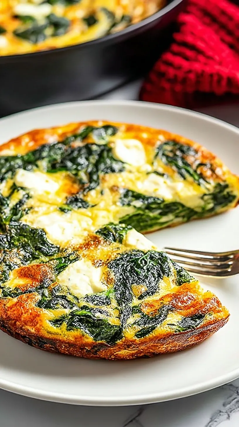 A golden brown spinach frittata in a cast iron skillet with melted Gruyere cheese.