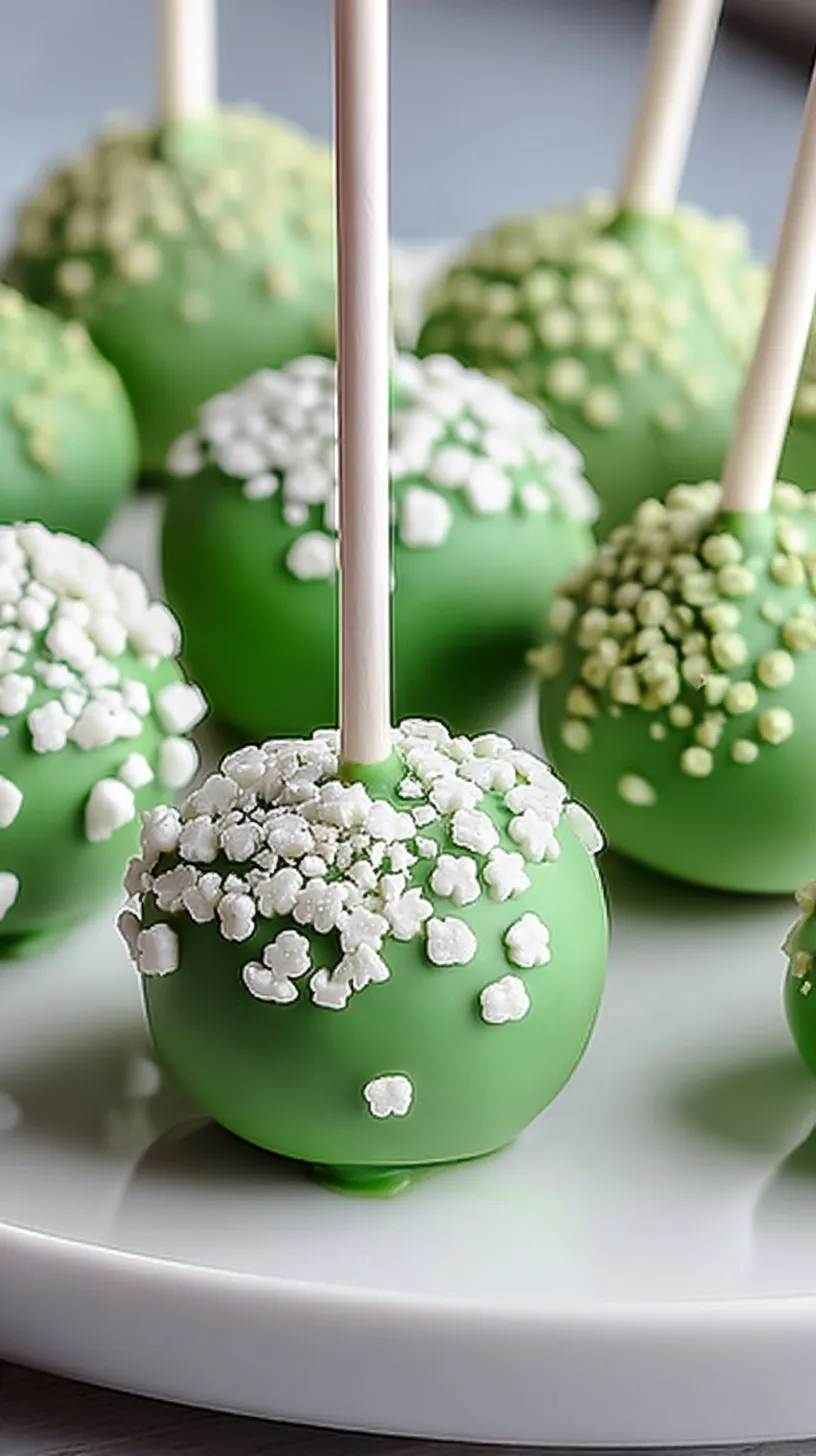 Green St. Patrick's Day cake pops decorated with gold shamrock sprinkles on a white plate.
