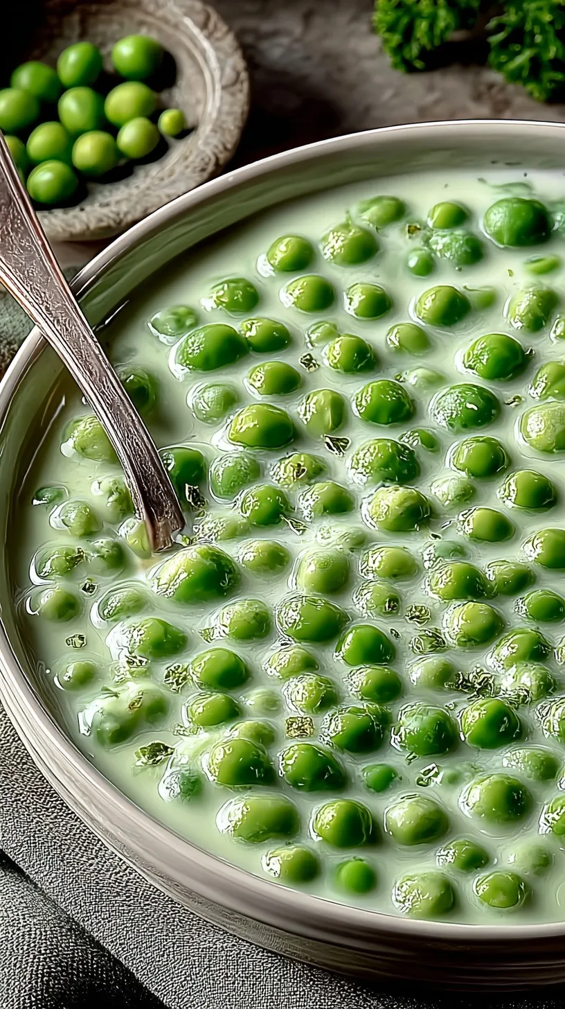 A white bowl filled with vibrant green peas in a silky white cream sauce topped with fresh parsley.