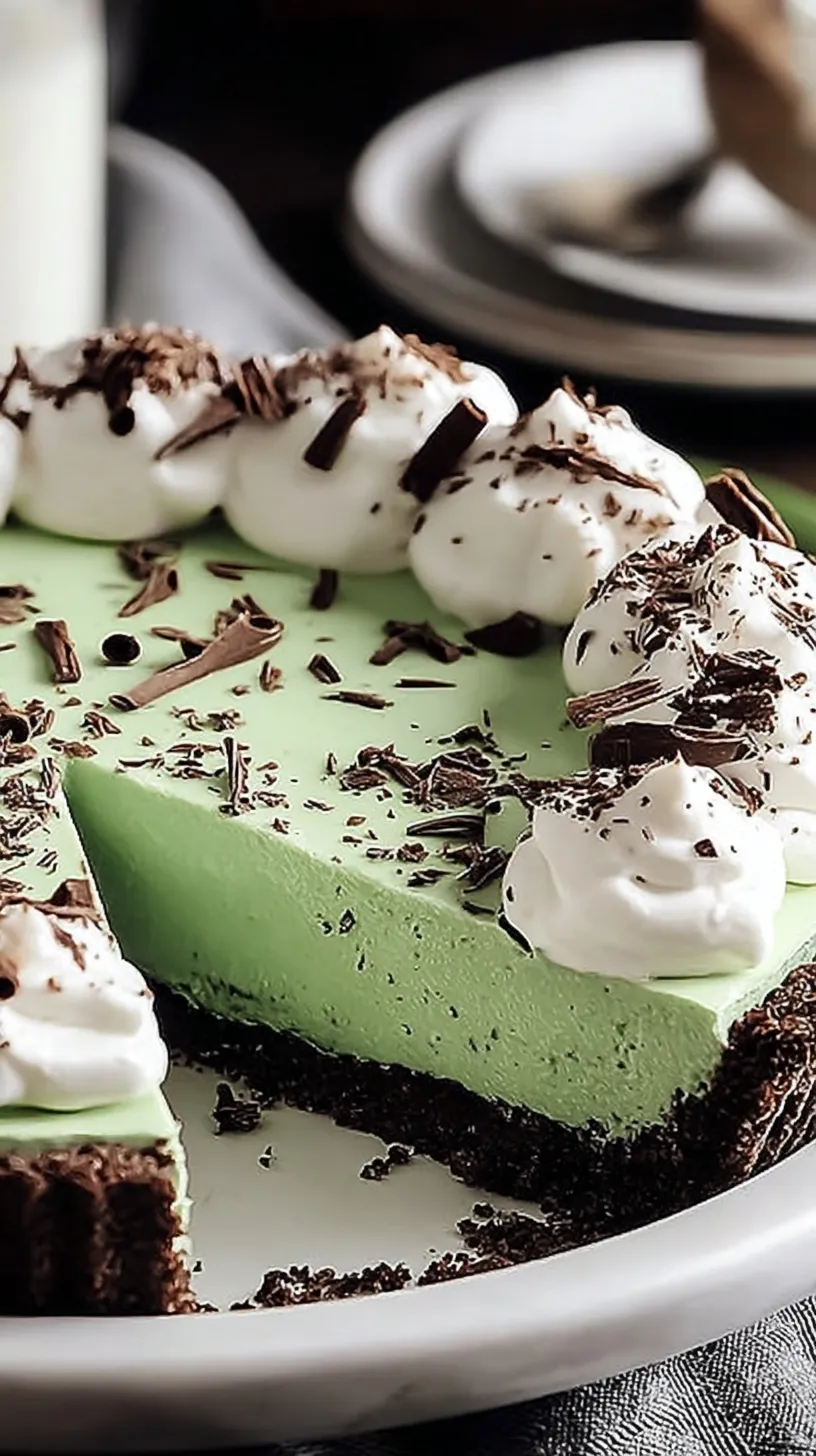 A green mint grasshopper pie with chocolate shavings in a dark cookie crust