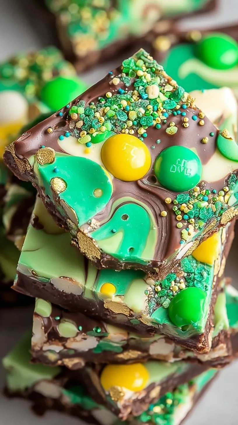 A colorful sheet of green and white marbled chocolate bark topped with Lucky Charms marshmallows and gold sprinkles.