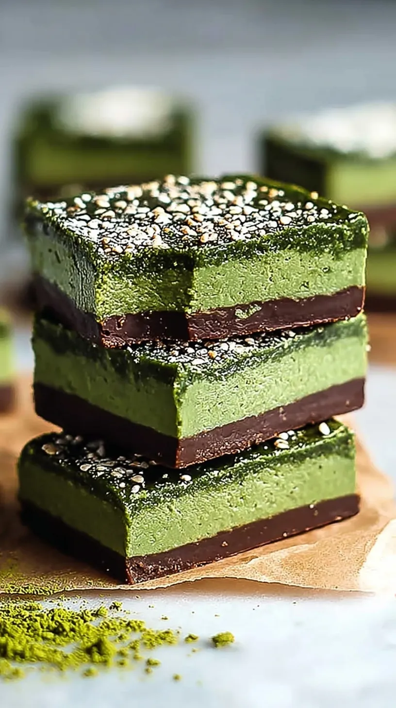 Bright green matcha protein bars with a dark chocolate drizzle on a wooden board.