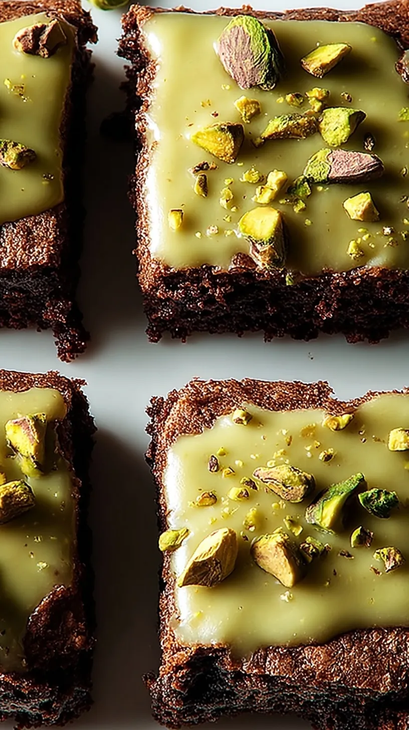 Layered chocolate brownies with vibrant green pistachio frosting and chopped nuts on top