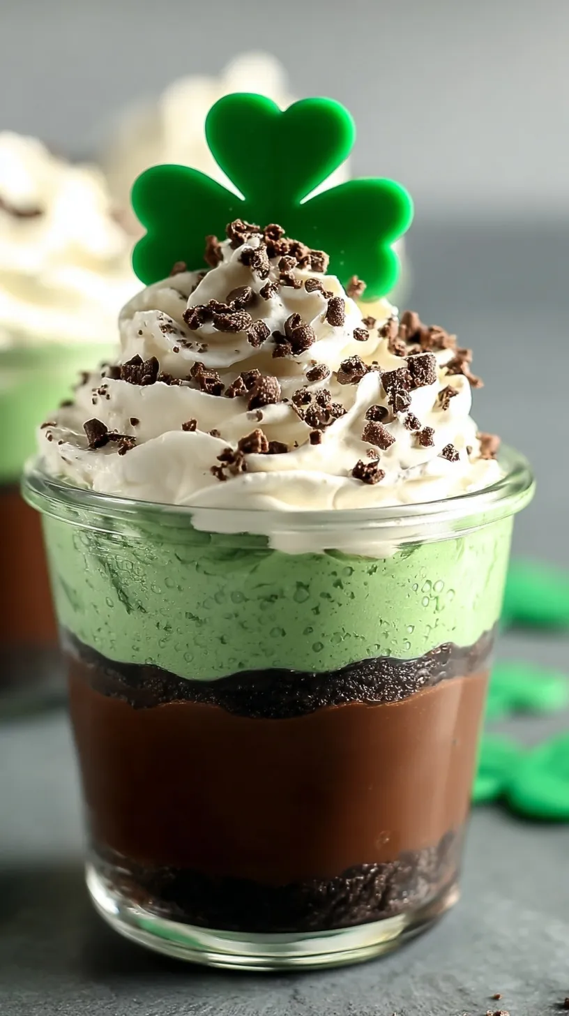 Six clear cups filled with green pudding, crushed chocolate cookies, and whipped cream topped with gold sprinkles