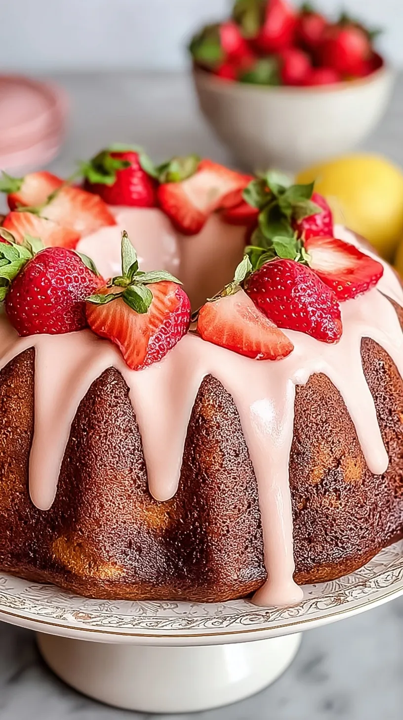 A golden strawberry bundt cake with pink glaze on a white cake stand