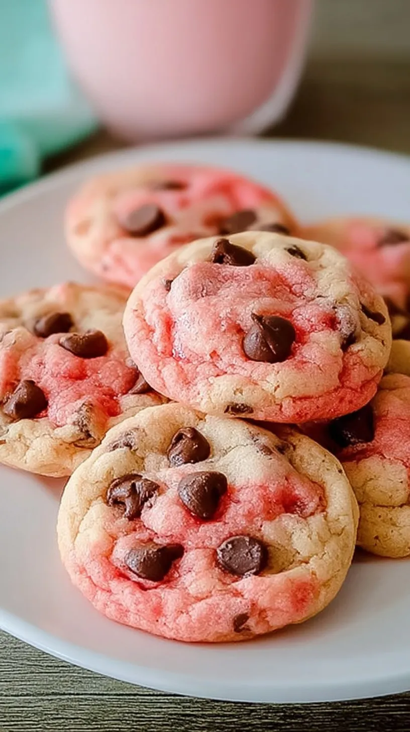 A pile of soft pink strawberry chocolate chip cookies on a white plate.