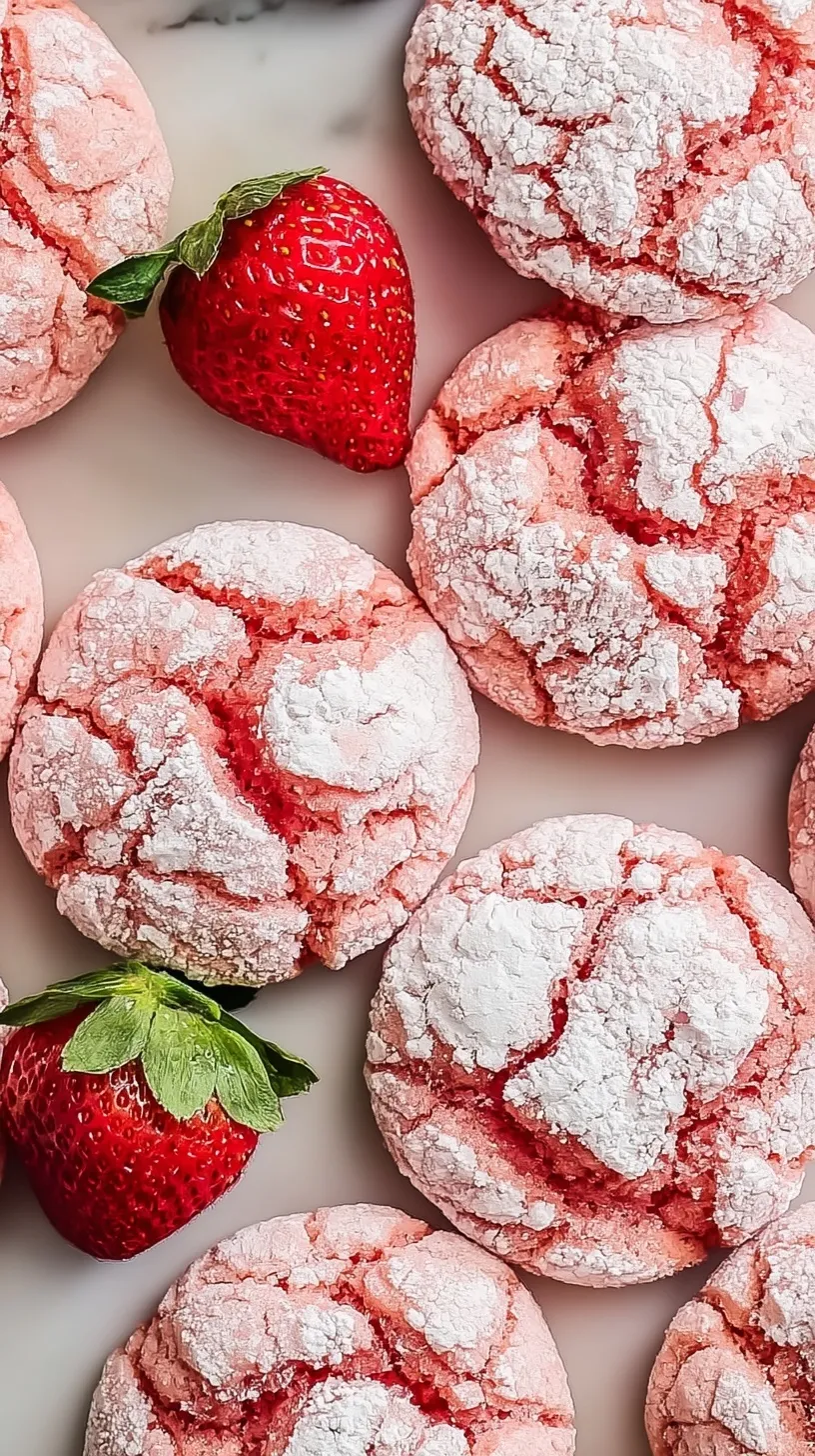 A plate of bright pink strawberry crinkle cookies with a white powdered sugar coating and beautiful cracks.