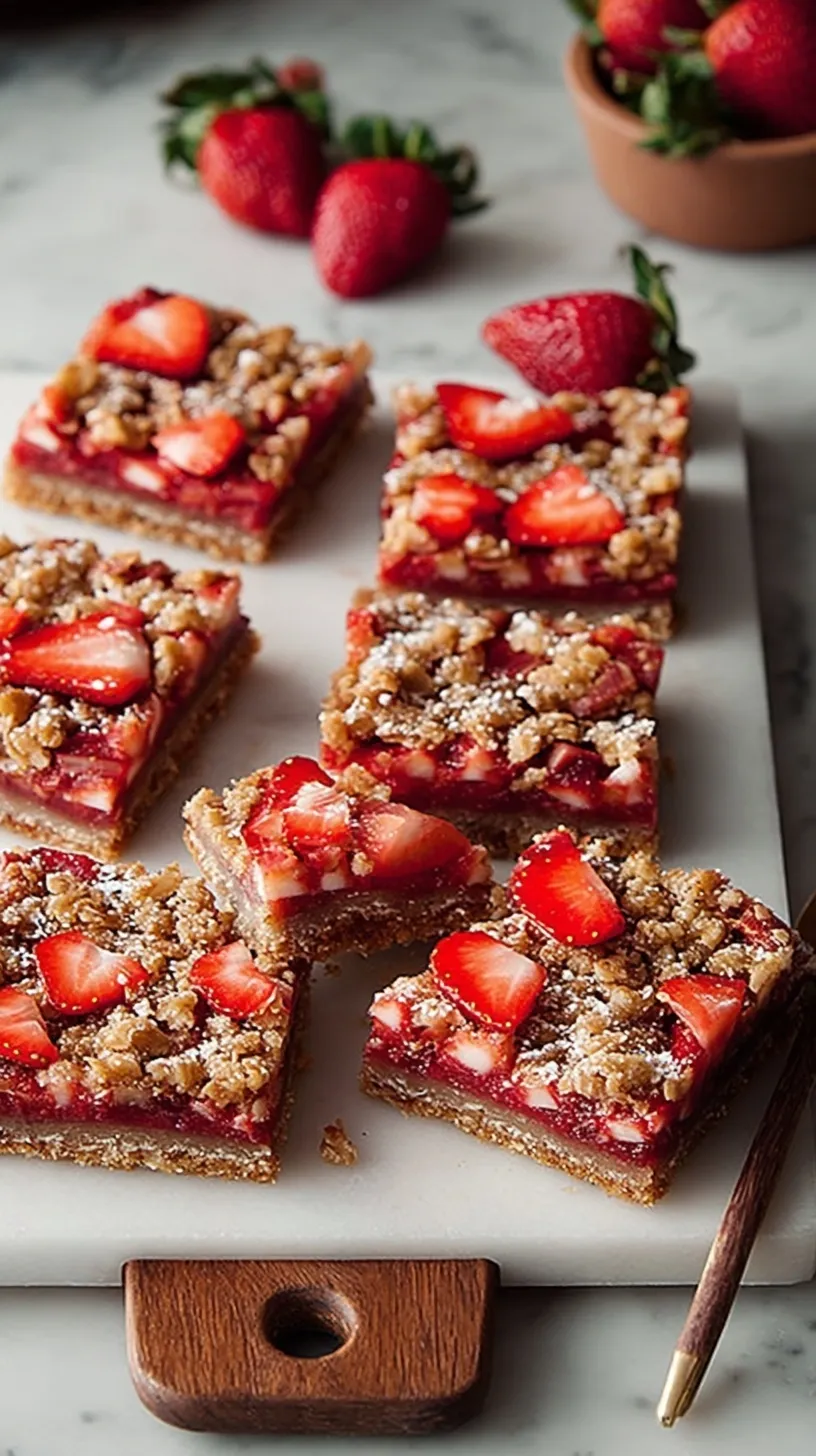 A tray of golden brown strawberry rhubarb bars with a crumbly oat topping and bright red fruit filling.