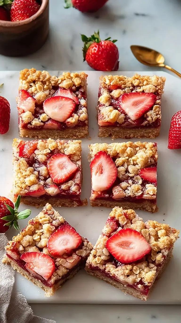 A close up of golden strawberry rhubarb bars with a crumbly oat topping in a baking pan.
