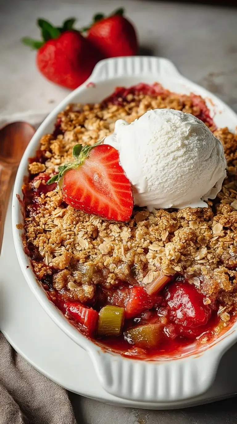 A golden brown strawberry rhubarb crisp in a baking dish with bubbling red fruit juices and a buttery oat topping.