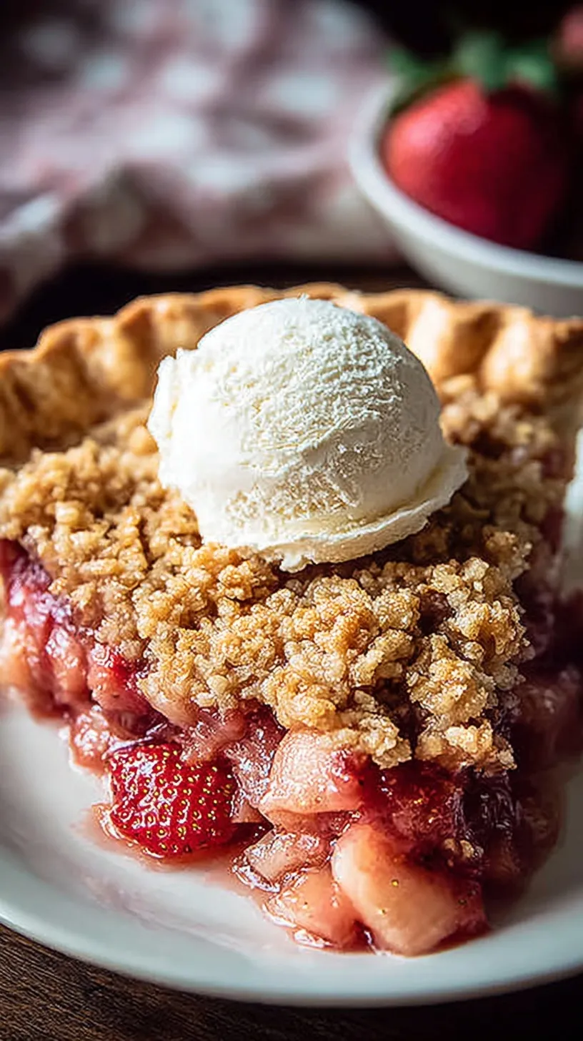 A golden brown Strawberry Rhubarb Crumble Pie with a flaky crust and bubbling fruit filling.