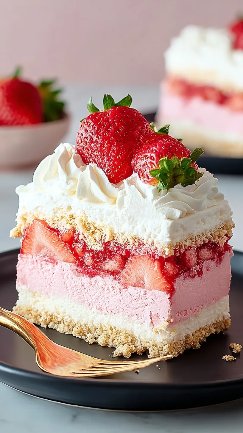 A layered strawberry shortcake ice cream cake with a pink and white crumb topping on a white platter.