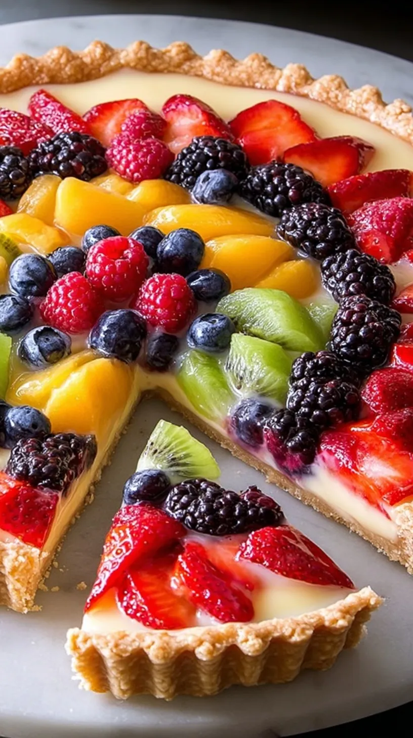 A beautiful summer fresh fruit tart topped with strawberries, blueberries, and kiwi slices on a white cake stand.