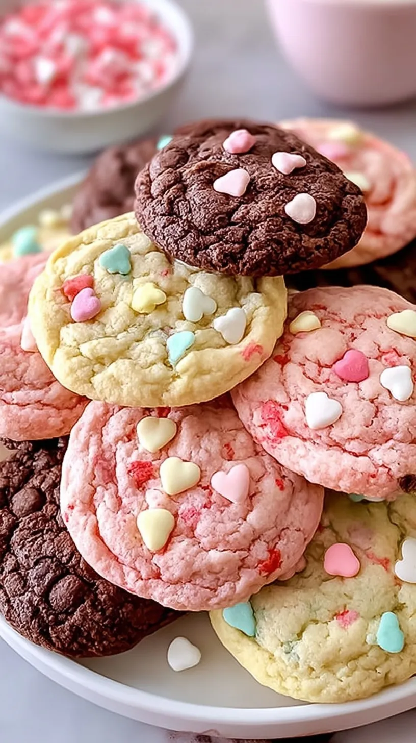 Bright pink strawberry cake mix cookies with white chocolate chips and heart sprinkles on a baking sheet.