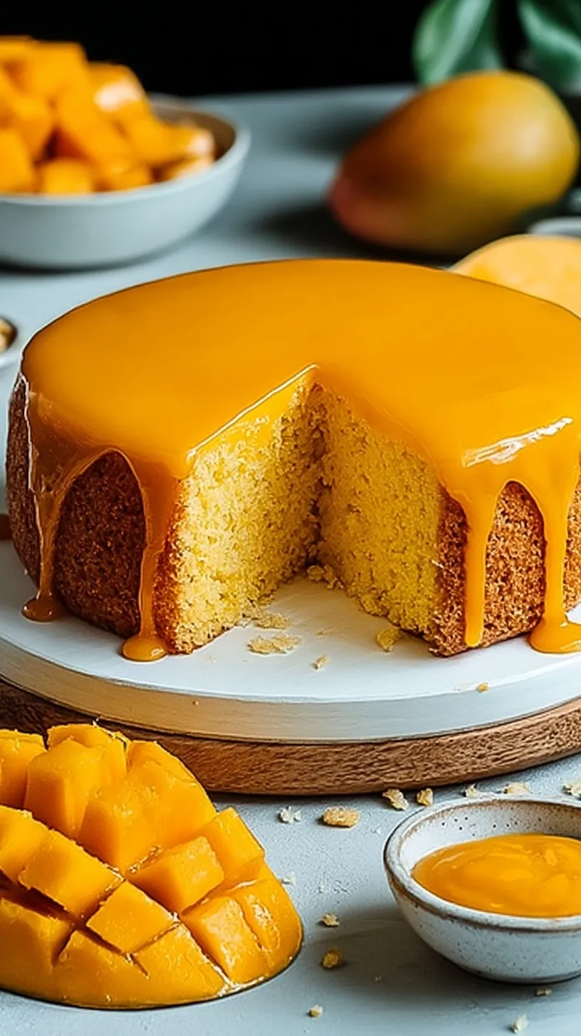 A golden sliced vegan mango cake topped with creamy yellow frosting and fresh mango pieces.