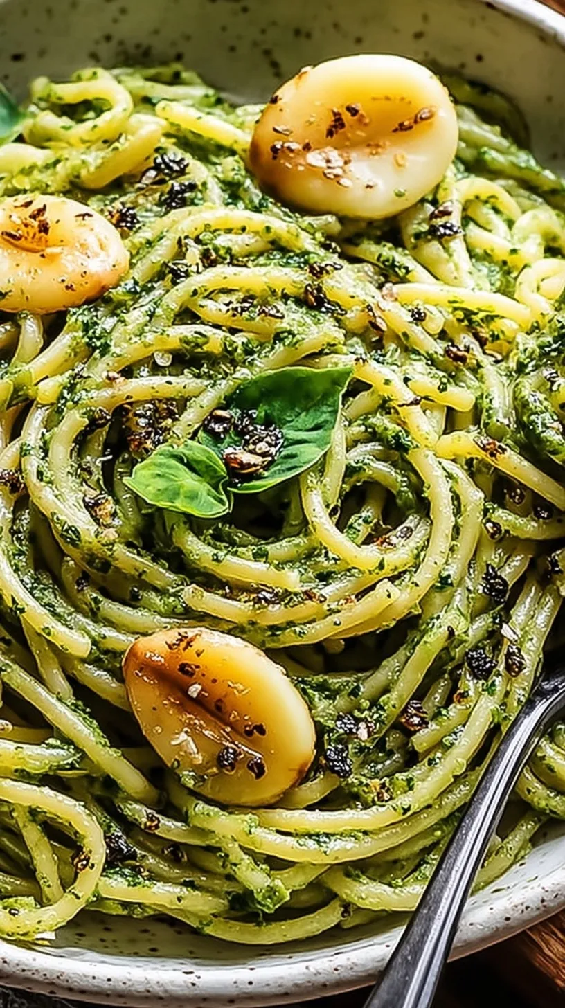 A bowl of vibrant green wild garlic pesto pasta topped with toasted pine nuts