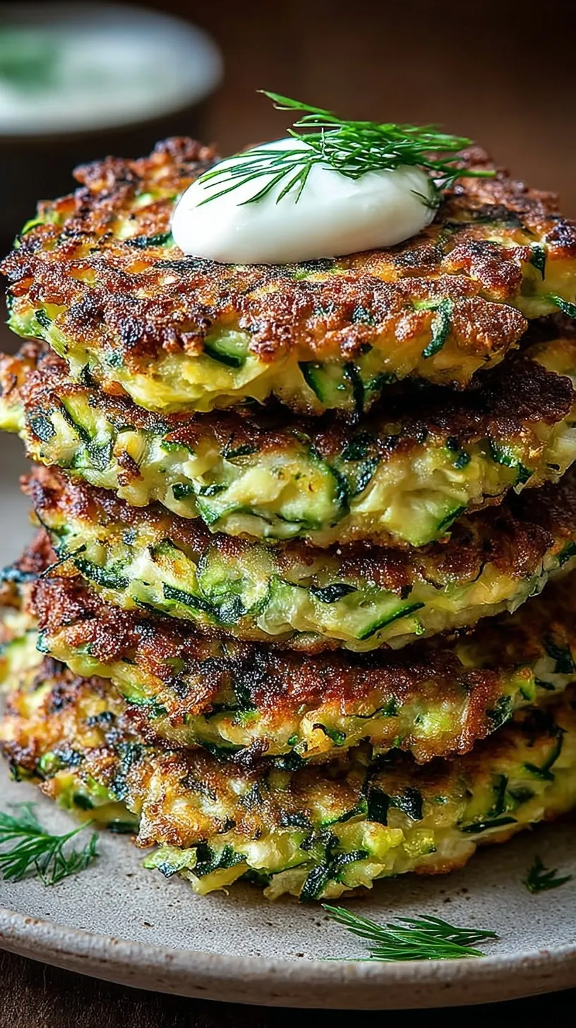 A plate of golden brown vegan zucchini fritters garnished with fresh parsley and scallions