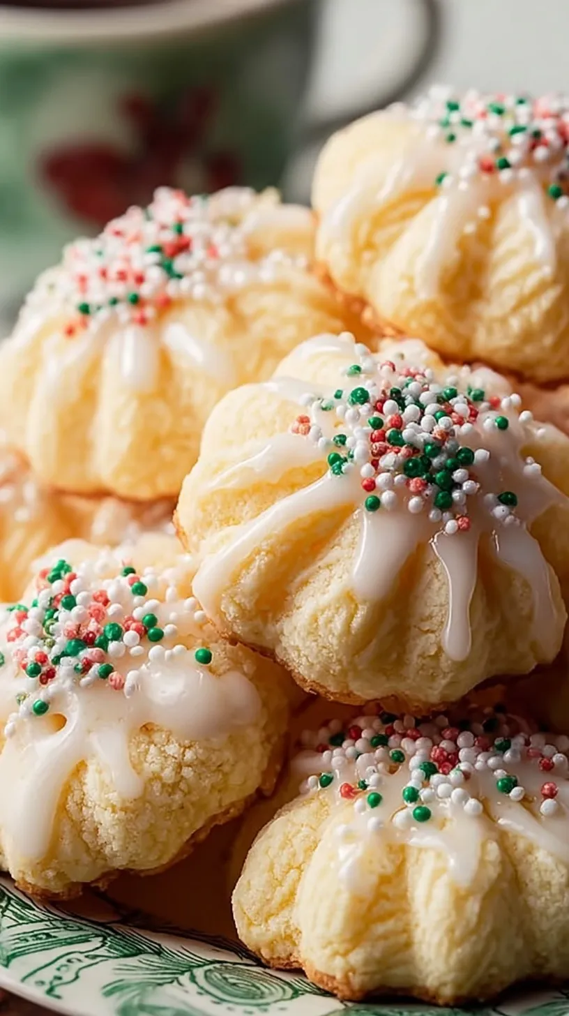 A plate of soft Italian Anise Cookies topped with white glaze and colorful nonpareil sprinkles.