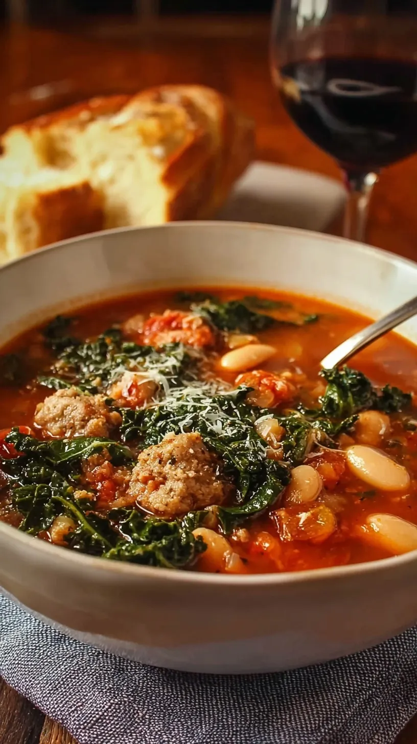 A steaming bowl of Italian sausage and white bean soup with kale and parmesan cheese