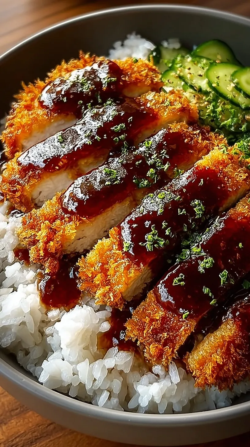 Crispy golden pork katsu sliced over a bed of white rice and shredded cabbage with savory sauce