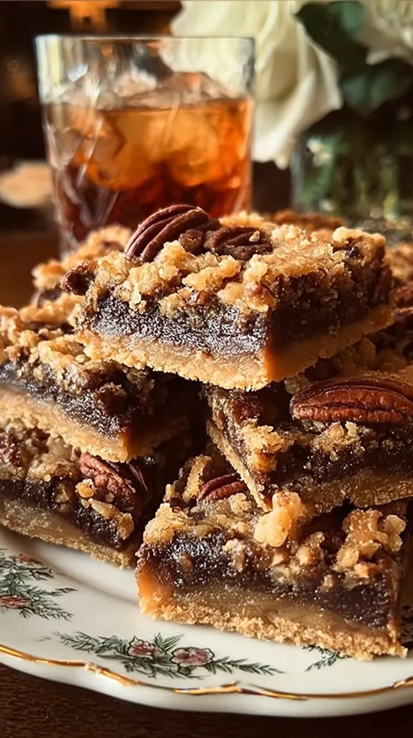 A stack of golden brown Kentucky Derby Bars with chocolate chips and pecans visible inside.