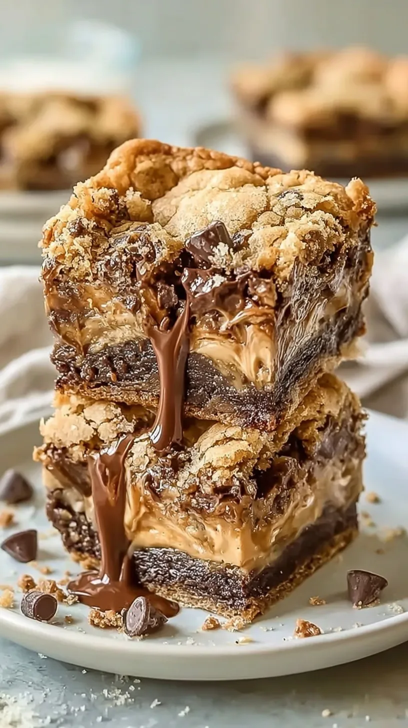 A close up of layered chocolate and caramel dessert bars with pecans on top