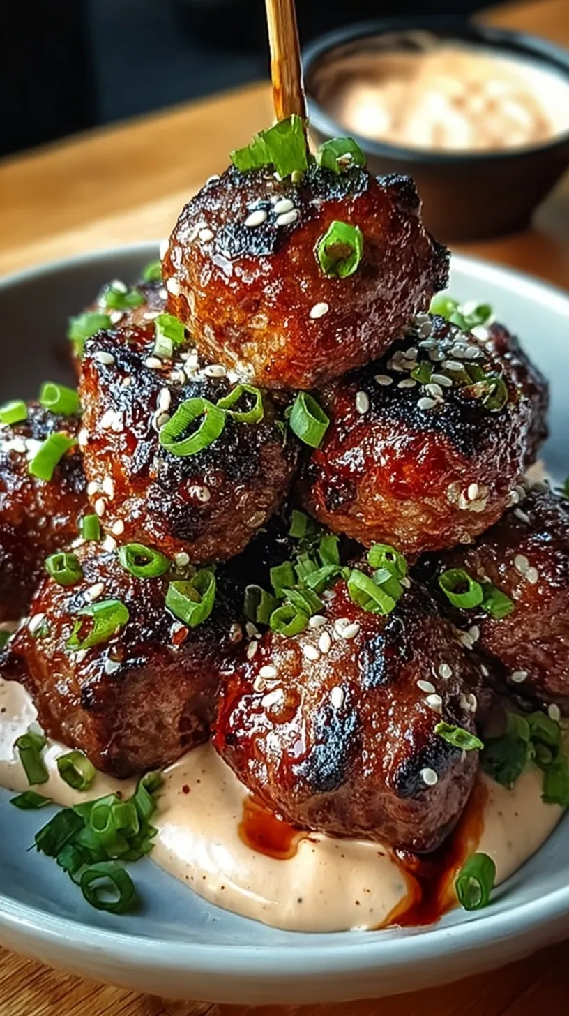 Glazed Korean BBQ meatballs on a platter with a small bowl of spicy mayo dip
