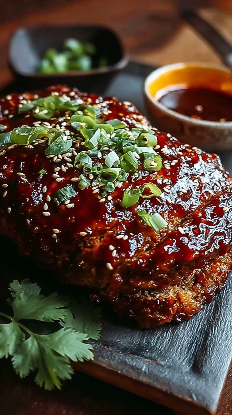 A sliced Korean BBQ meatloaf with a shiny red glaze and green onions on top.