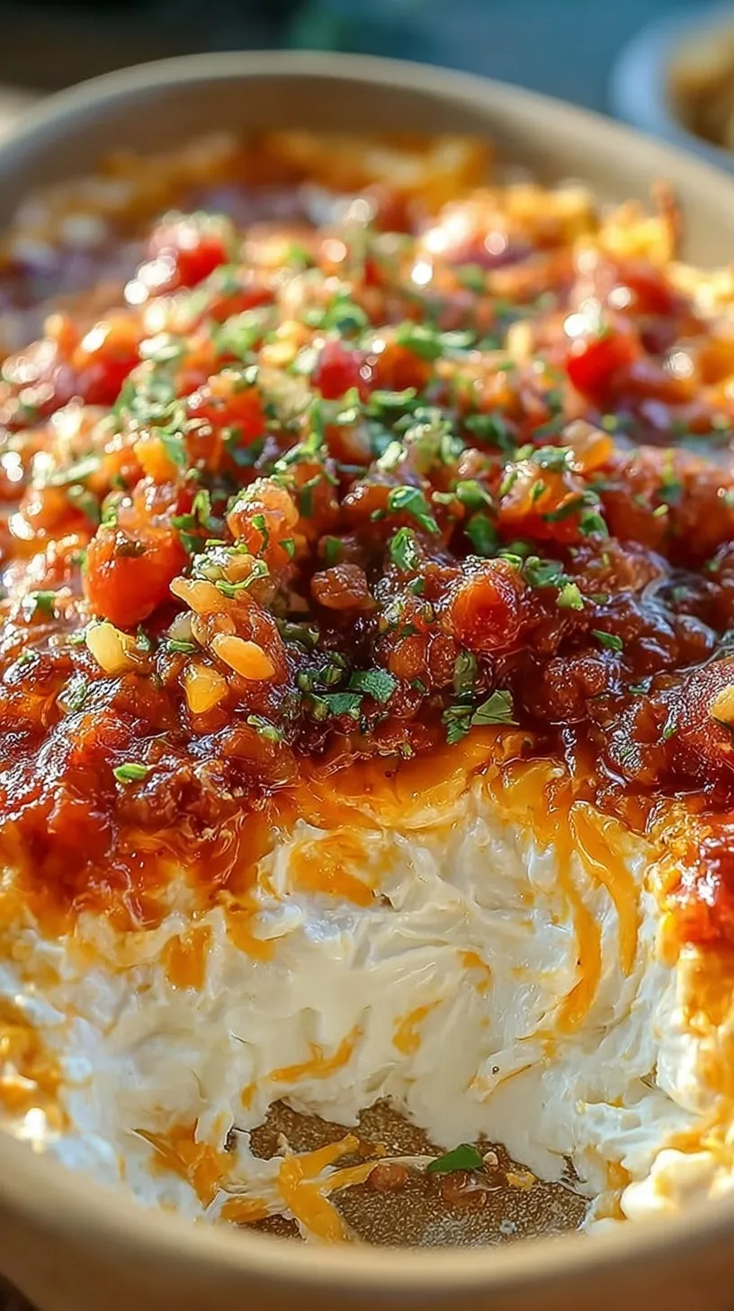 A colorful layered dip with cream cheese, salsa, cheese, and fresh vegetables in a glass dish.