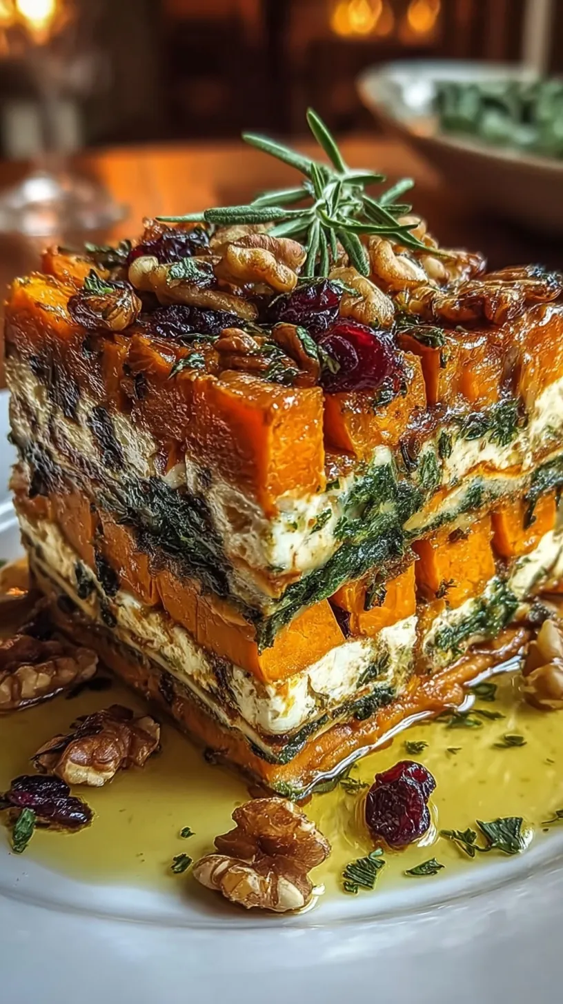 A golden, bubbly layered sweet potato lasagna in a white baking dish with melted mozzarella and spinach.