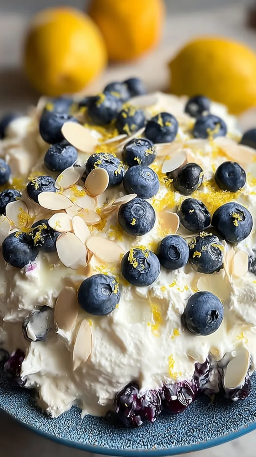 A bowl of creamy yellow lemon fluff mixed with blue berries and white marshmallows.