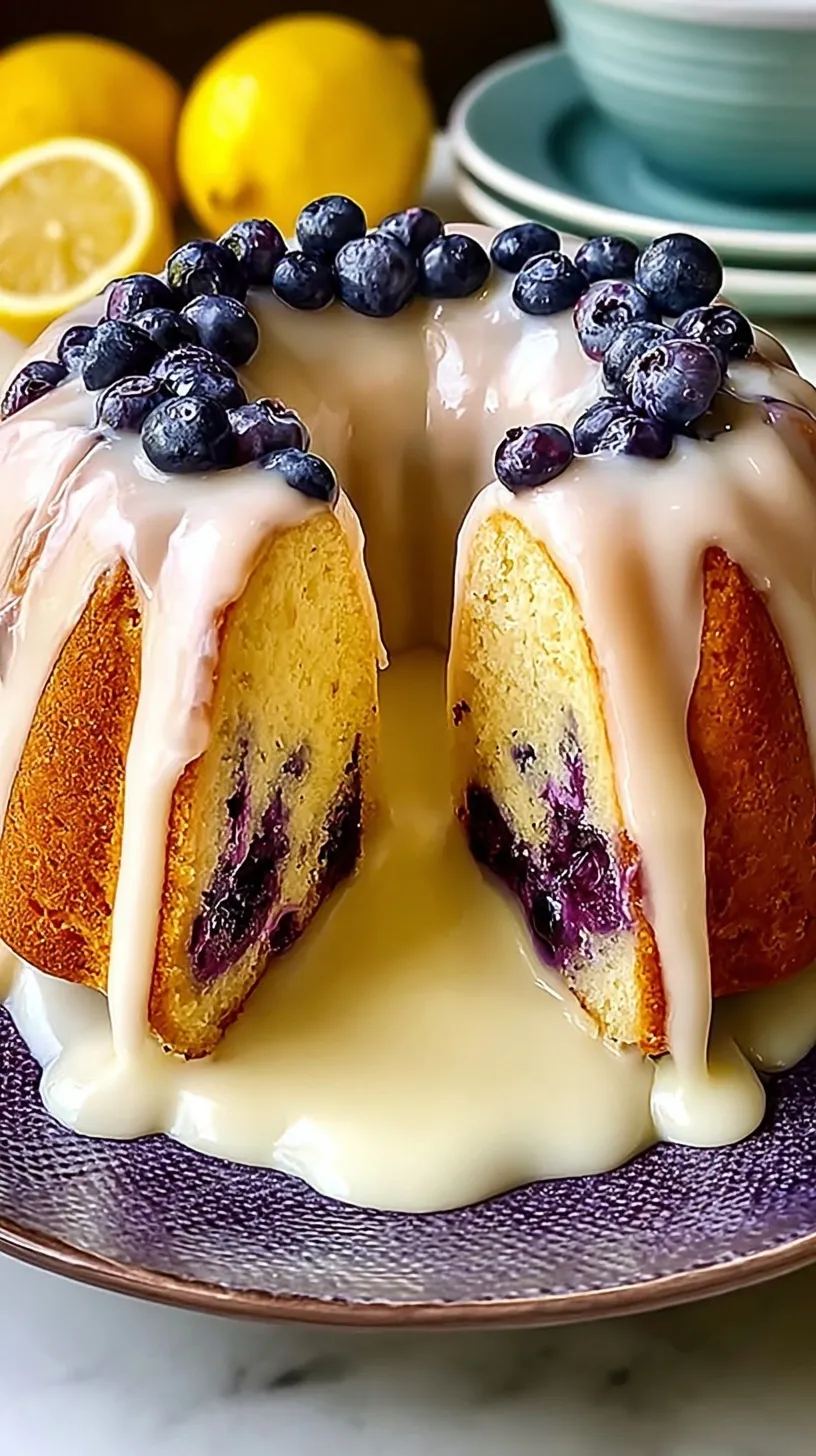 A golden lemon blueberry pound cake with a white glaze and fresh berries on a white platter.