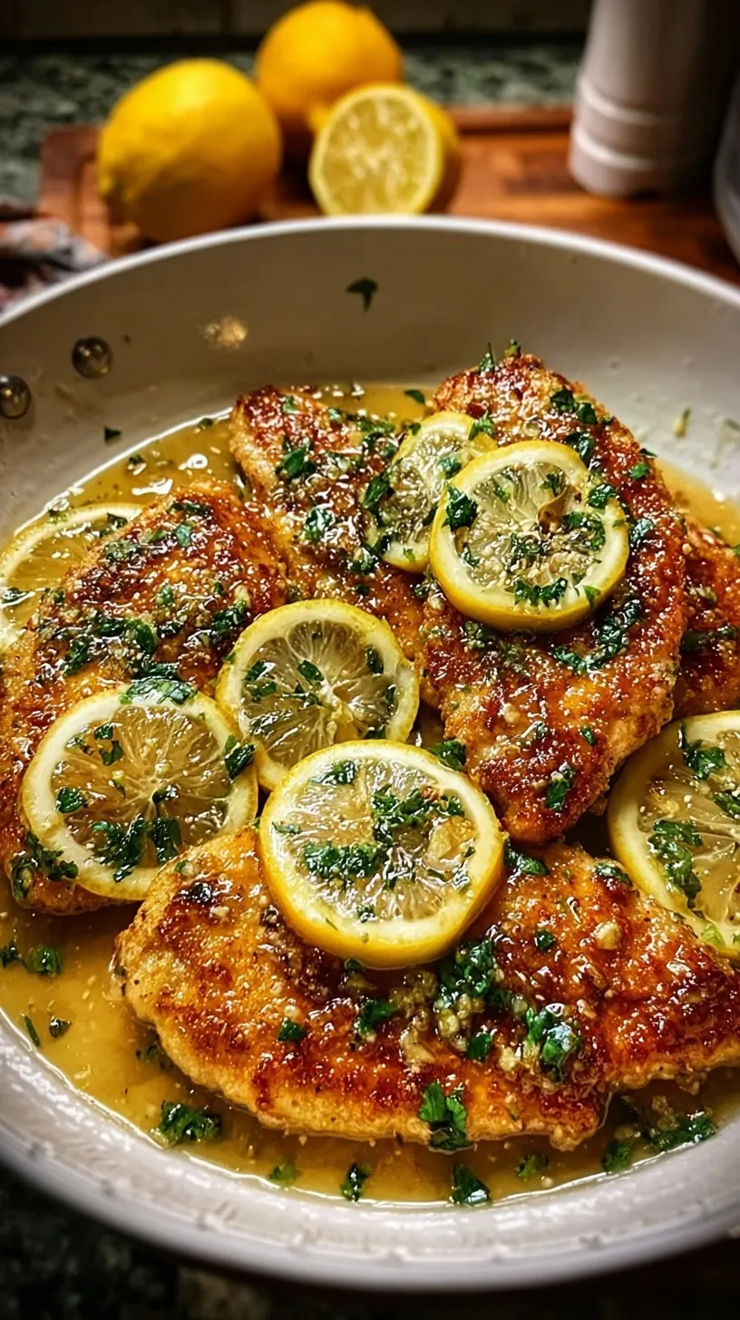 Golden pan-fried chicken cutlets in a glossy lemon butter sauce with fresh parsley and lemon slices.