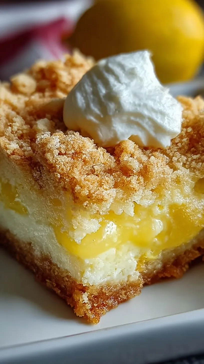 Golden brown lemon dump cake with creamy layers in a baking dish